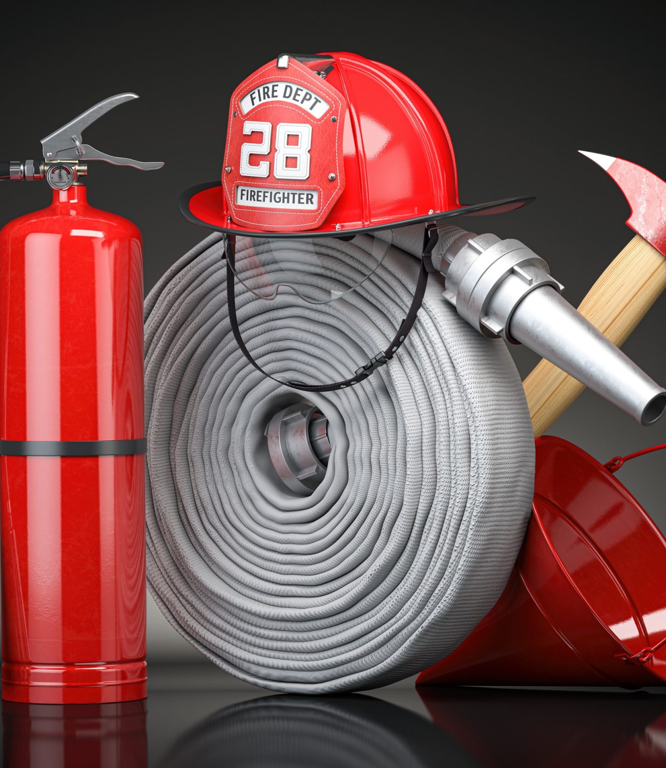 Firefighter equipment and tools. Fire hose, fire hat, extinguish Firefighter equipment and tools. Fire hose, fire hat, extinguisher and axe, symbols of firefighter profession. 3d illustration